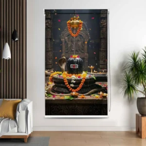 Shivling pooja room roller blind with snake, abhishek pot, and garlands
