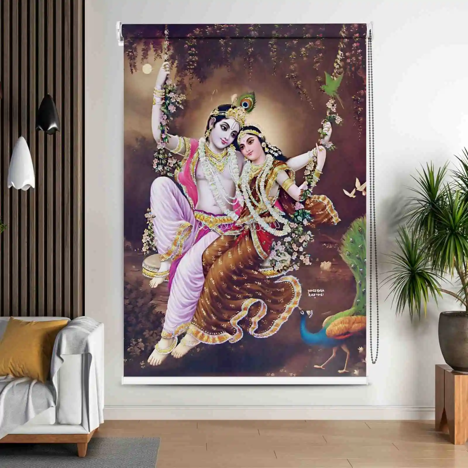 Spiritual Radha Krishna Swing Roller Blind for Temple