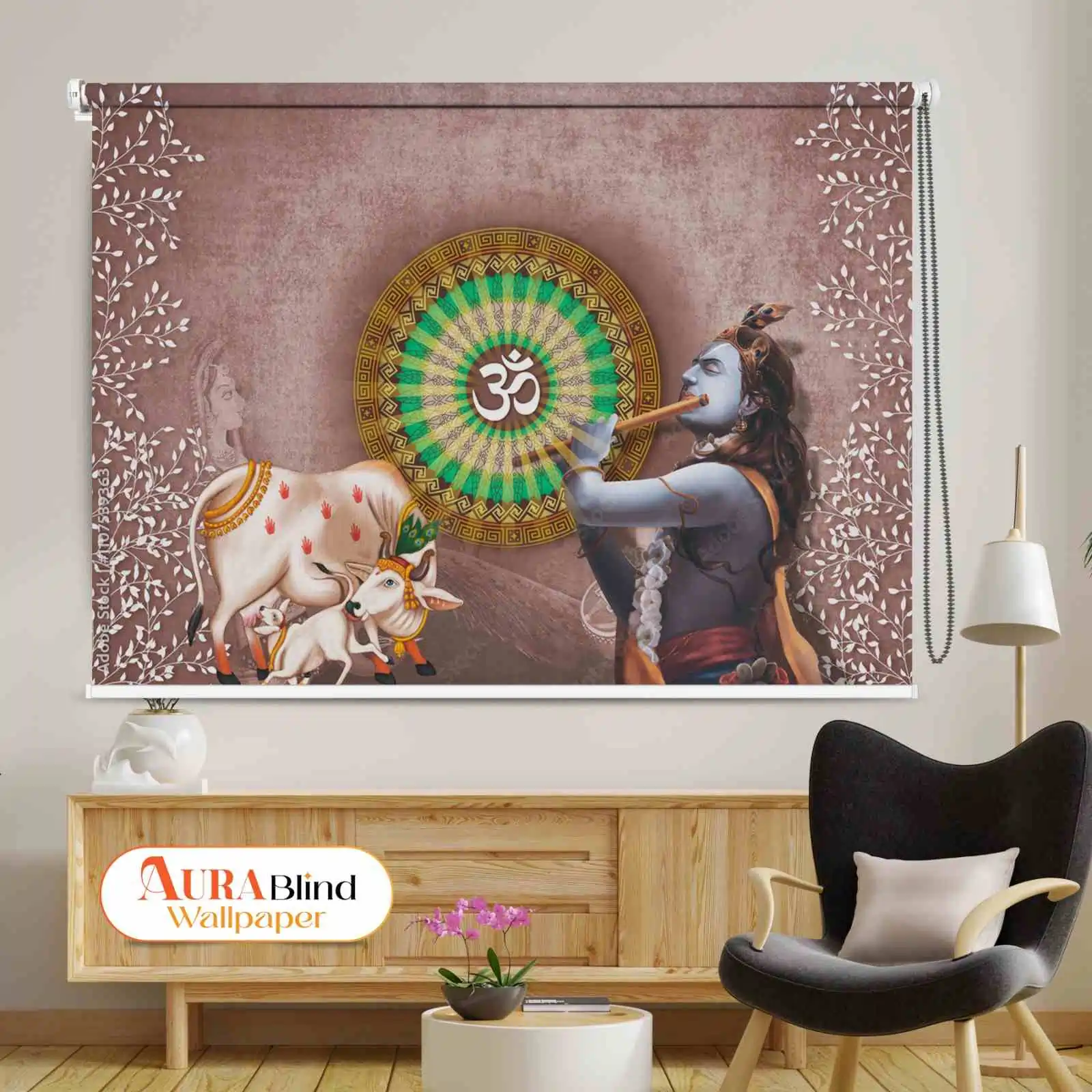 Lord Krishna with Cow and Om design Roller Blind for Pooja Room