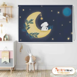 Bunny on Moon Kids Room Roller Blind Design with cute bunny sitting on crescent moon and stars