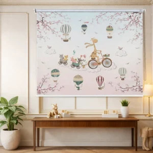 Cute Animal Parade Kids Room Roller Blind with Hot Air Balloons Design