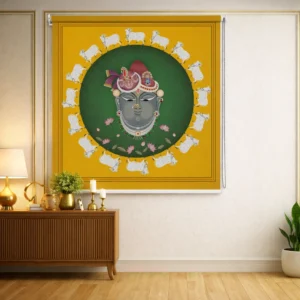 Divine Shrinathji and Cows Pichwai Art Roller Blind for Pooja Room and Mandir