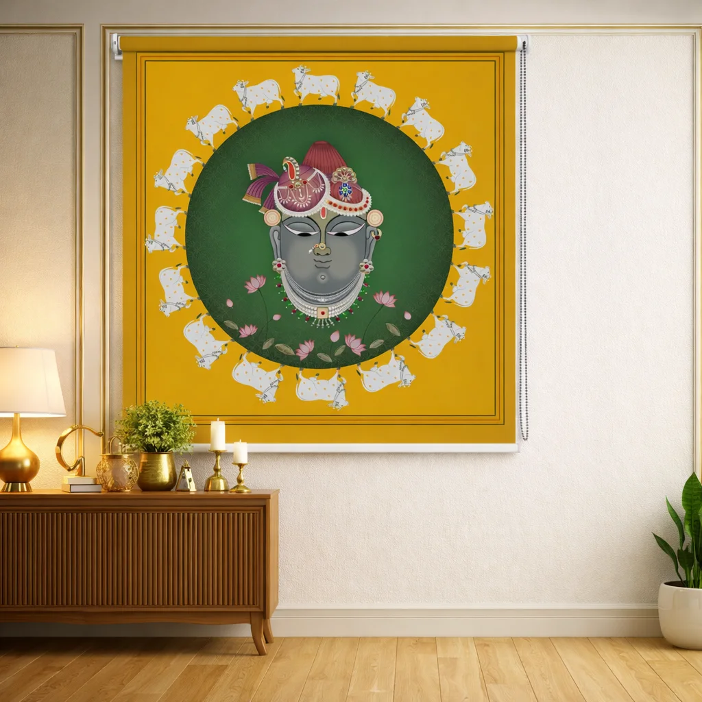 Divine Shrinathji and Cows Pichwai Art Roller Blinds for Pooja Room and Mandir 1 Divine Shrinathji and Cows Pichwai Art Roller Blind for Pooja Room and Mandir