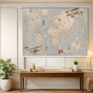 Educational World Map Roller Blind for Kids' Room in Beige Theme