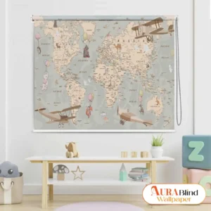 Beige Educational World Map Roller Blind for Kids' Room with animals, airplanes, and balloons – Aura Blind Wallpaper