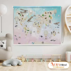 Educational World Map Roller Blind for Kids' Room with animal illustrations, airplanes, and pastel colors