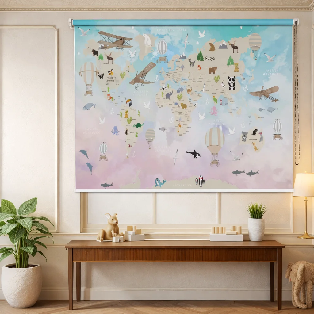 Educational World Map Roller Blind for Kids' Room 1 Educational World Map Roller Blind for Kids' Room