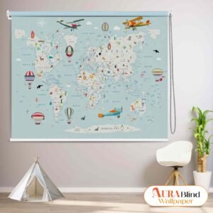 Educational World Map Roller Blind for Kids' Rooms with airplanes, hot air balloons, and animal designs