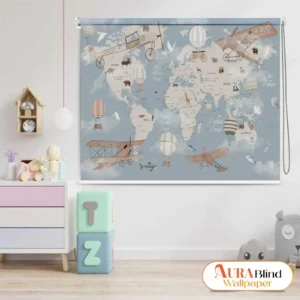 Educational World Map Roller Blind with Sky Blue Adventure Theme