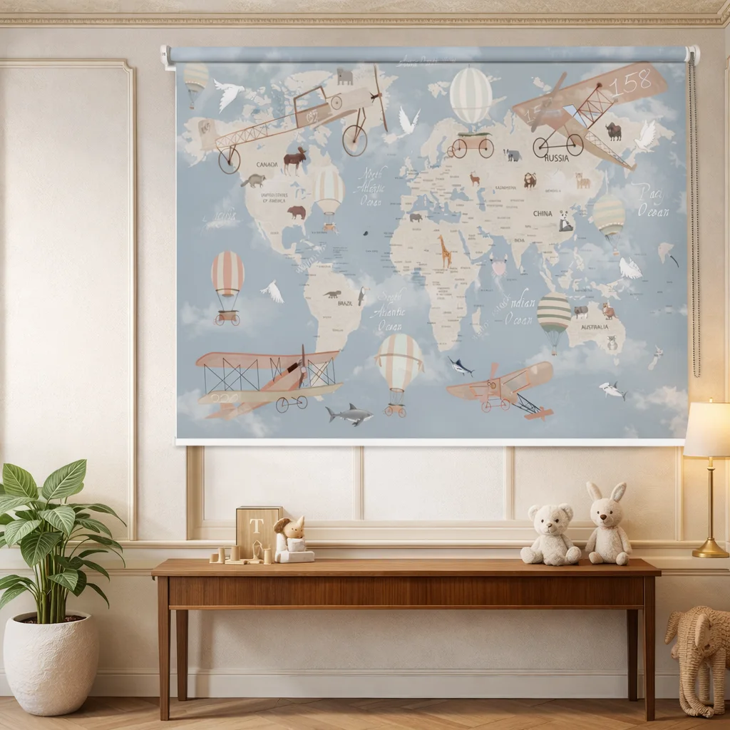 Educational World Map Window Roller Blind with Adventure Theme 1 Educational World Map Window Roller Blind with Adventure Theme