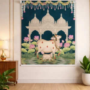 Gau Mata and Calf Artistic Pichwai Roller Blinds for Puja Room