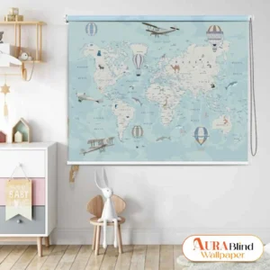 Kids Room World Map Roller Blind with airplanes, hot air balloons, and animal illustrations