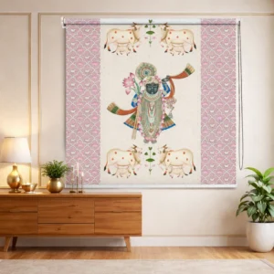 Shreenathji Mandir and Pooja Room Roller Blind with Lotus and Cow Motif