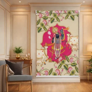 Shreenathji Pichwai Cow Design Pooja Room Roller Blind with Lotus