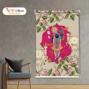 Shreenathji Pichwai Cow Design Pooja Room Roller Blind with Lotus flowers and cows – divine spiritual window shade by Aura Blind Wallpaper