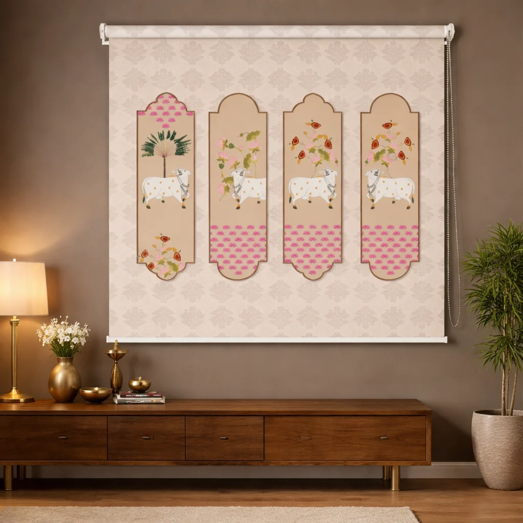 Traditional Indian Sacred Cow Pichwai Design Roller Blind for Mandir 1 Traditional Indian Sacred Cow Pichwai Design Roller Blind for Mandir