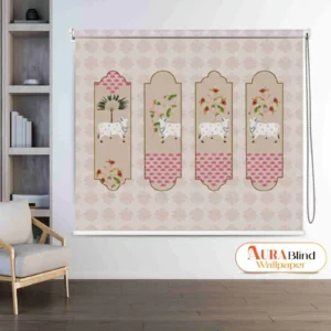 This Traditional Indian Sacred Cow Pichwai Design Roller Blind for Mandir features four decorative vertical panels on a beige patterned background, each panel showcasing a white Nandi bull with green and pink botanical motifs like trees, flowers, and fruits, in a traditional Indian art style.