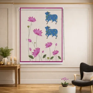 Blue Cow and Lotus Pichwai Art Design Mandir Roller Blind
