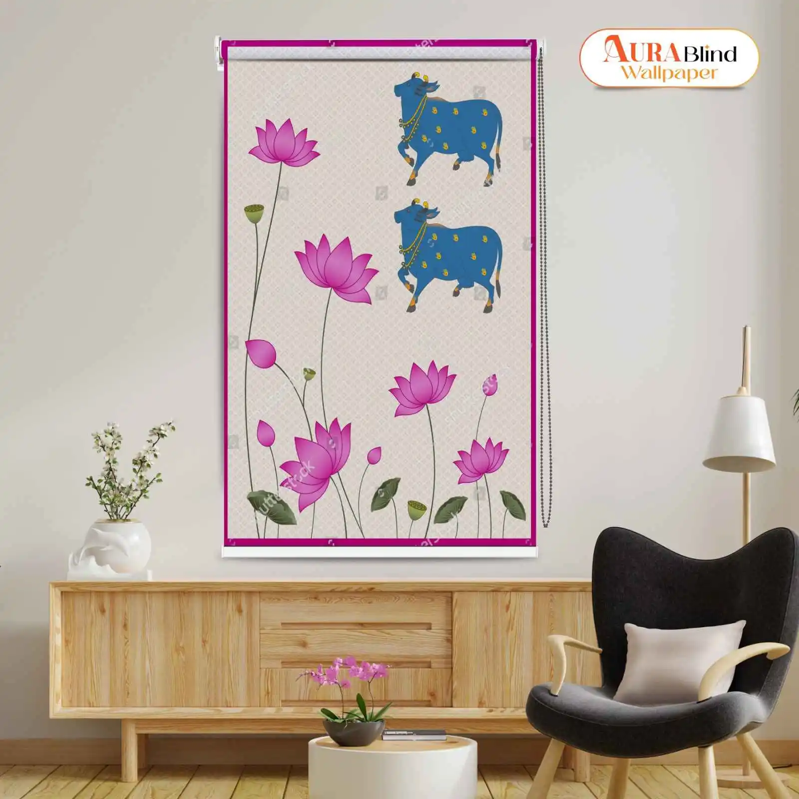 Blue Cow and Lotus Pichwai Art Design Mandir Roller Blind