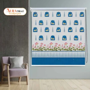 Blue and White Sacred Cow pichwai Motif art Roller Blind with lotus floral pattern
