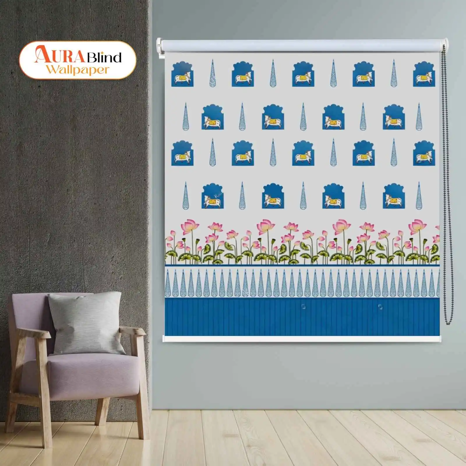 Blue and White Sacred Cow pichwai Motif art Roller Blind with lotus floral pattern