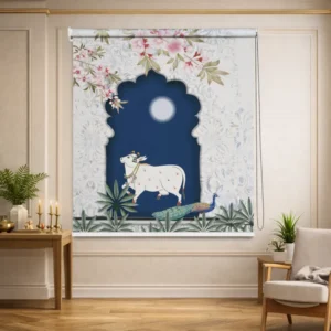 Cow & Peacock Pichwai Roller Blind with Moonlight Arch Design