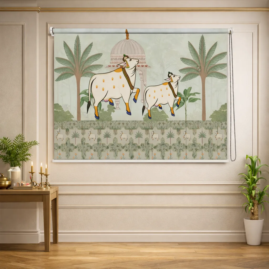 Divine Cow and Calf Pichwai Roller Blind 1 Divine Cow and Calf Pichwai Roller Blinds