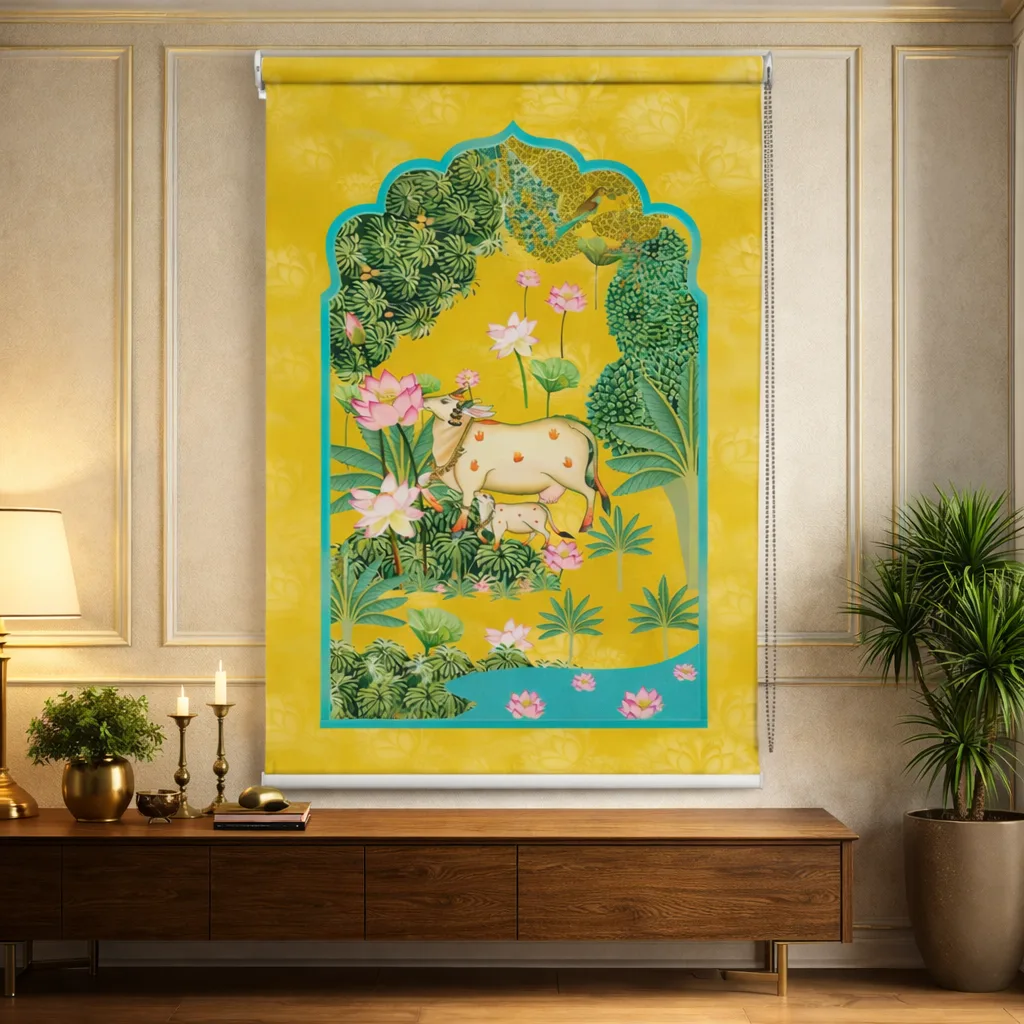 Kamdhenu Cow Roller Blinds with Pichwai Art Design 1 Kamdhenu Cow Roller Blind with Pichwai Art Design