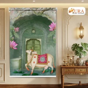 Home Decor Items Online at Best Price in India 57 Kamdhenu Cow with Traditional Arch Design Pichwai Roller Blind