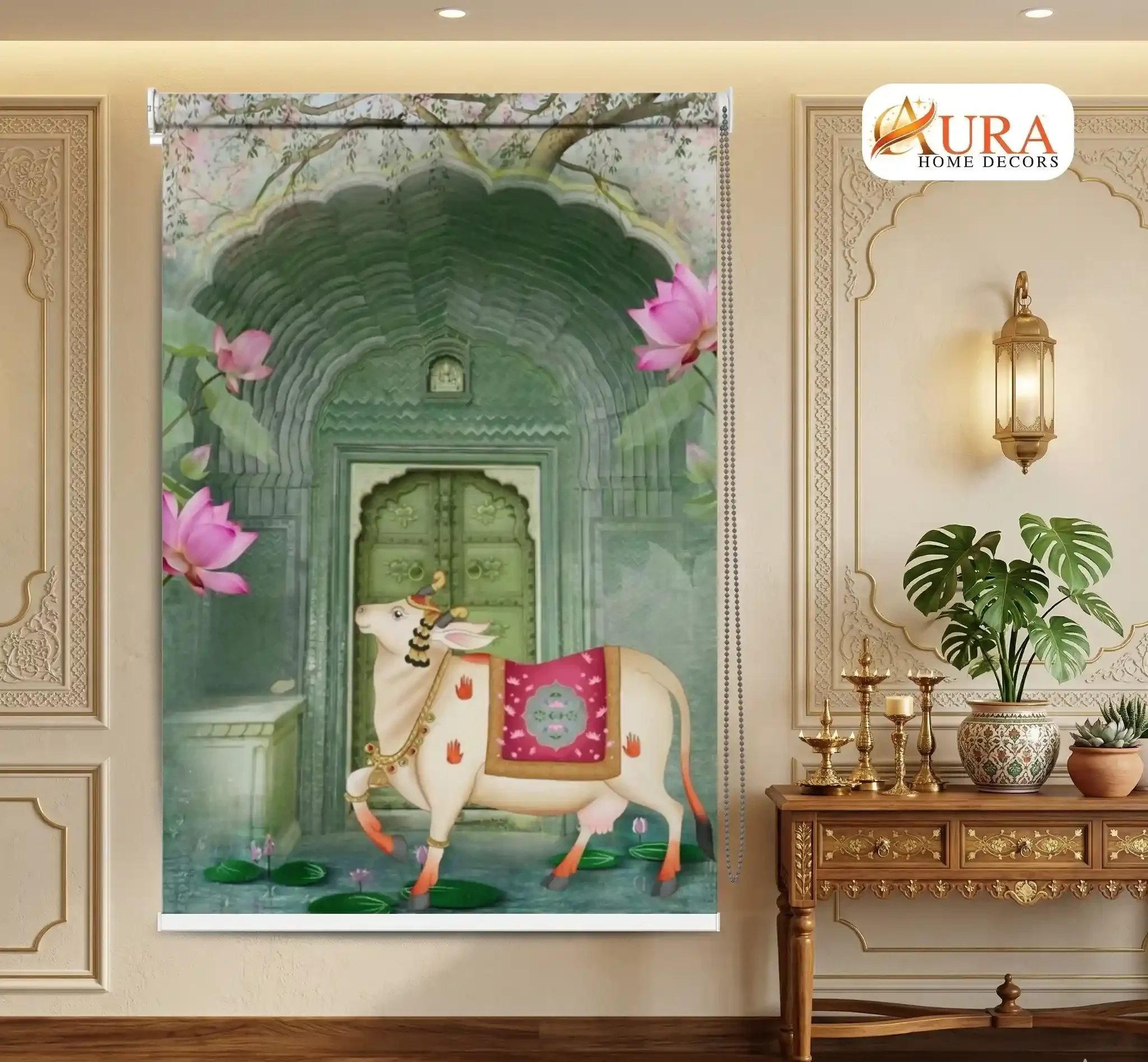 Kamdhenu Cow with Traditional Arch Design Pichwai Roller Blind 1 Kamdhenu Cow with Traditional Arch Design Pichwai Roller Blind