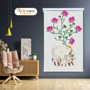 Lotus Blossom Cow Pichwai Mandir Roller Blind with white cow and calf under blooming lotus flowers