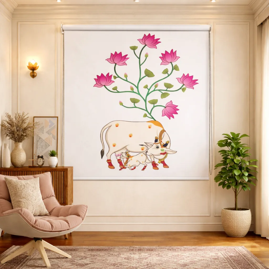 Lotus Blossom Cow Pichwai Mandir Roller Blind 1 Lotus Blossom Cow Pichwai Mandir Roller Blinds