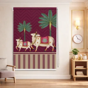 Home Decor Items Online at Best Price in India 30 Majestic Cow and Palm Tree Ethnic Pichwai Art Roller Blind for Pooja Room
