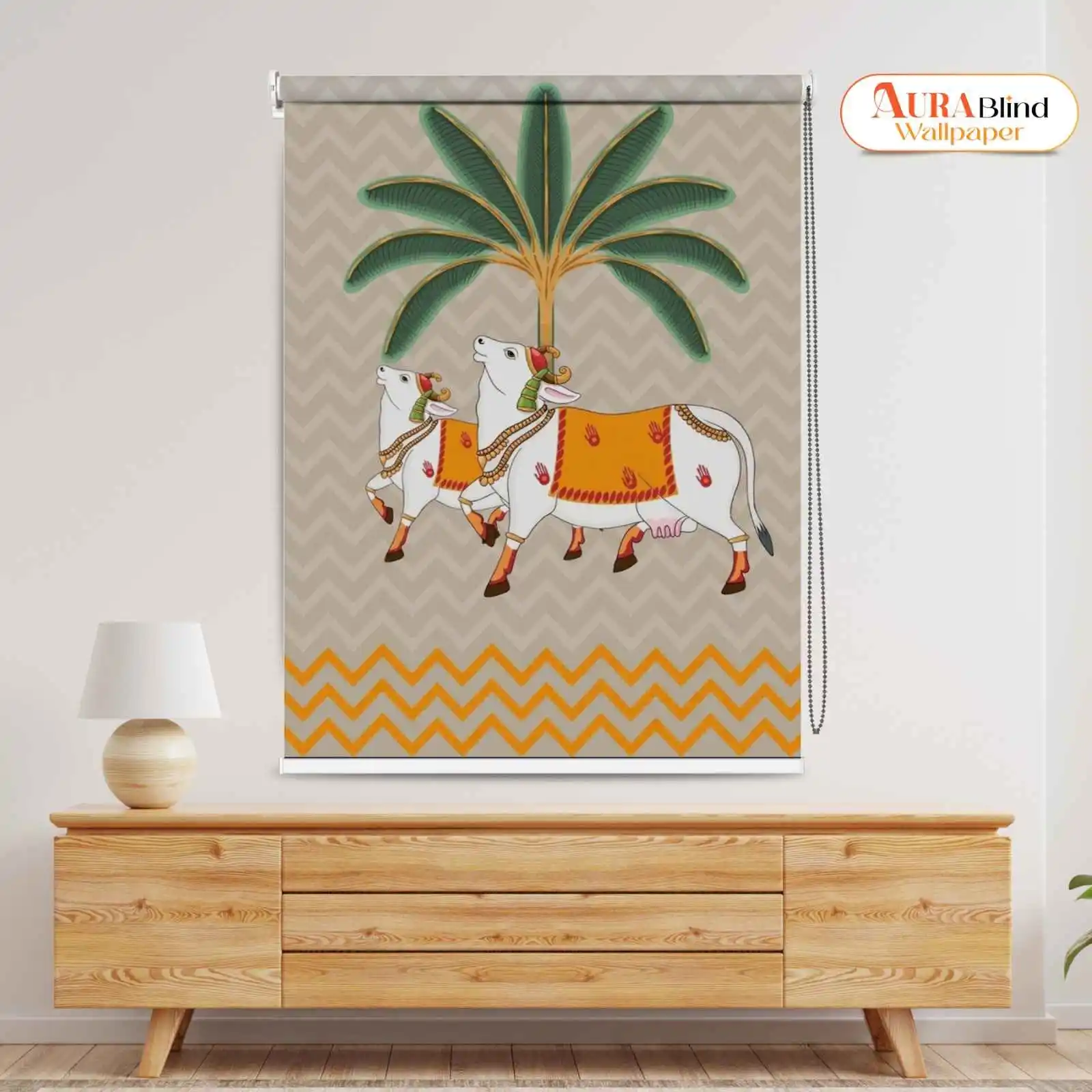 Palm Tree Art and Cow Design Pichwai Mandir Roller Blind