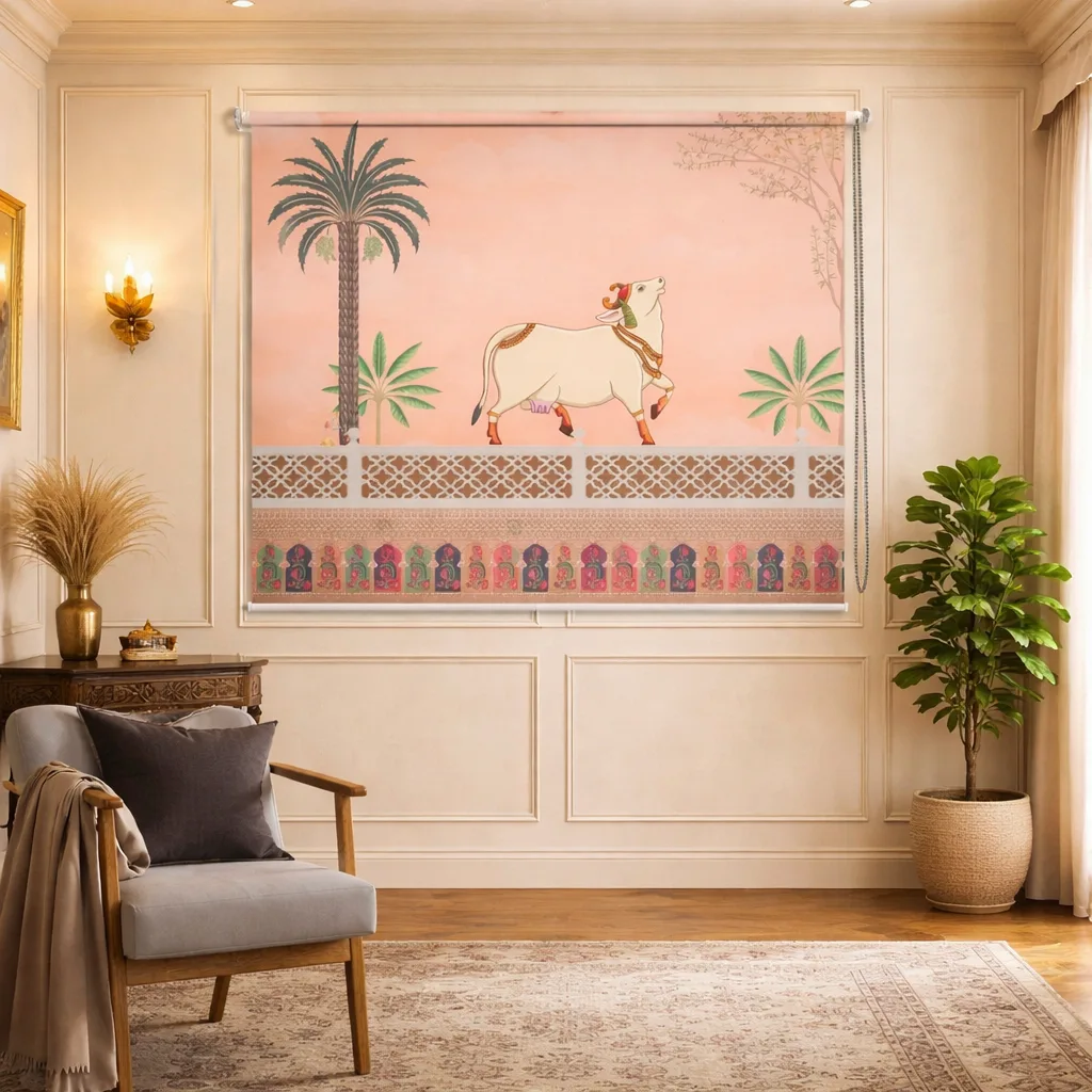 Peach Palace Cow and Palm Tree Pichwai Art Printing Roller Blind