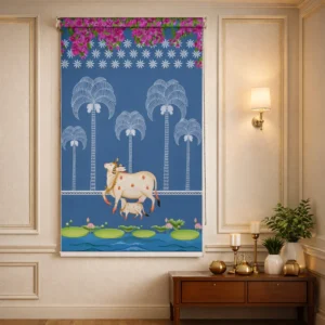 Pichwai Mandir Roller Blind with Blue Background and Lotus Pond Design
