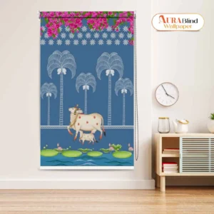 Pichwai Mandir Roller Blind with Blue Background and Lotus Pond Design
