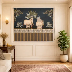 Home Decor Items Online at Best Price in India 51 Royal Blue Pichwai Temple Cow and Calf Designer Roller Blinds
