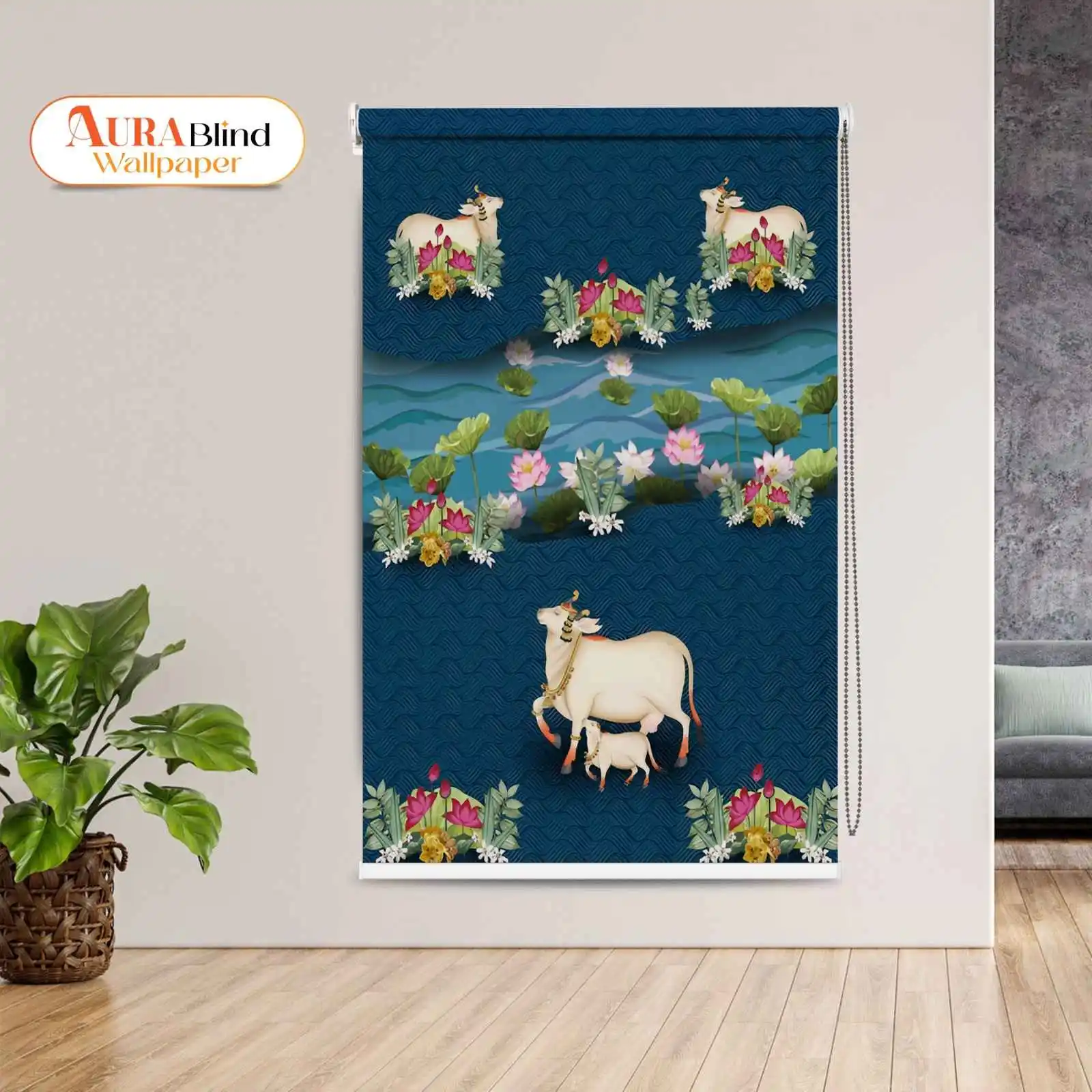 Royal Ethnic Pichwai Blue Cow and Lotus Lake Design Roller Blind