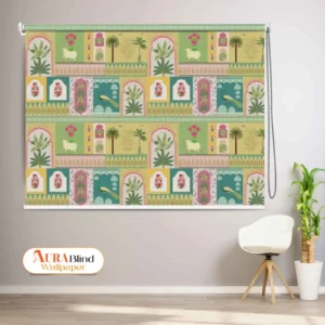 Royal Palace Garden Patchwork Pichwai Roller Blind with colorful Indian palace patchwork design featuring cows, florals, palms, and arches