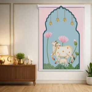 Home Decor Items Online at Best Price in India 10 Spiritual Kamdhenu Cow Picwai Design Roller Blind for Pooja Room