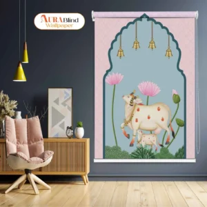 Spiritual Kamdhenu Cow Picwai Design Roller Blind for Pooja Room