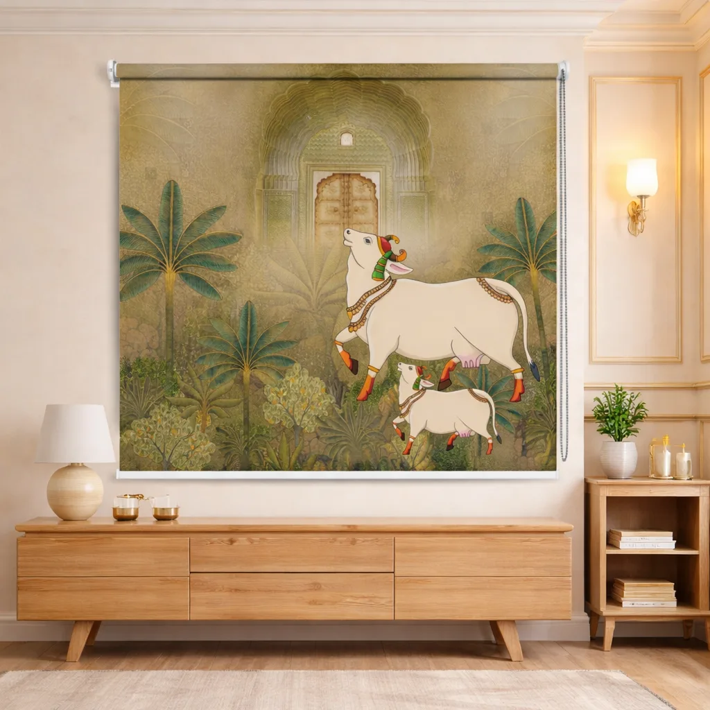 Traditional Cow Design Pichwai Temple Roller Blind 1 Traditional Cow Design Pichwai Temple Roller Blinds