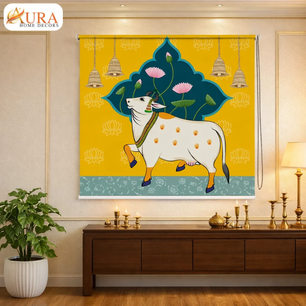 Traditional Cow and Lotus Pichwai Mandir Roller Blind