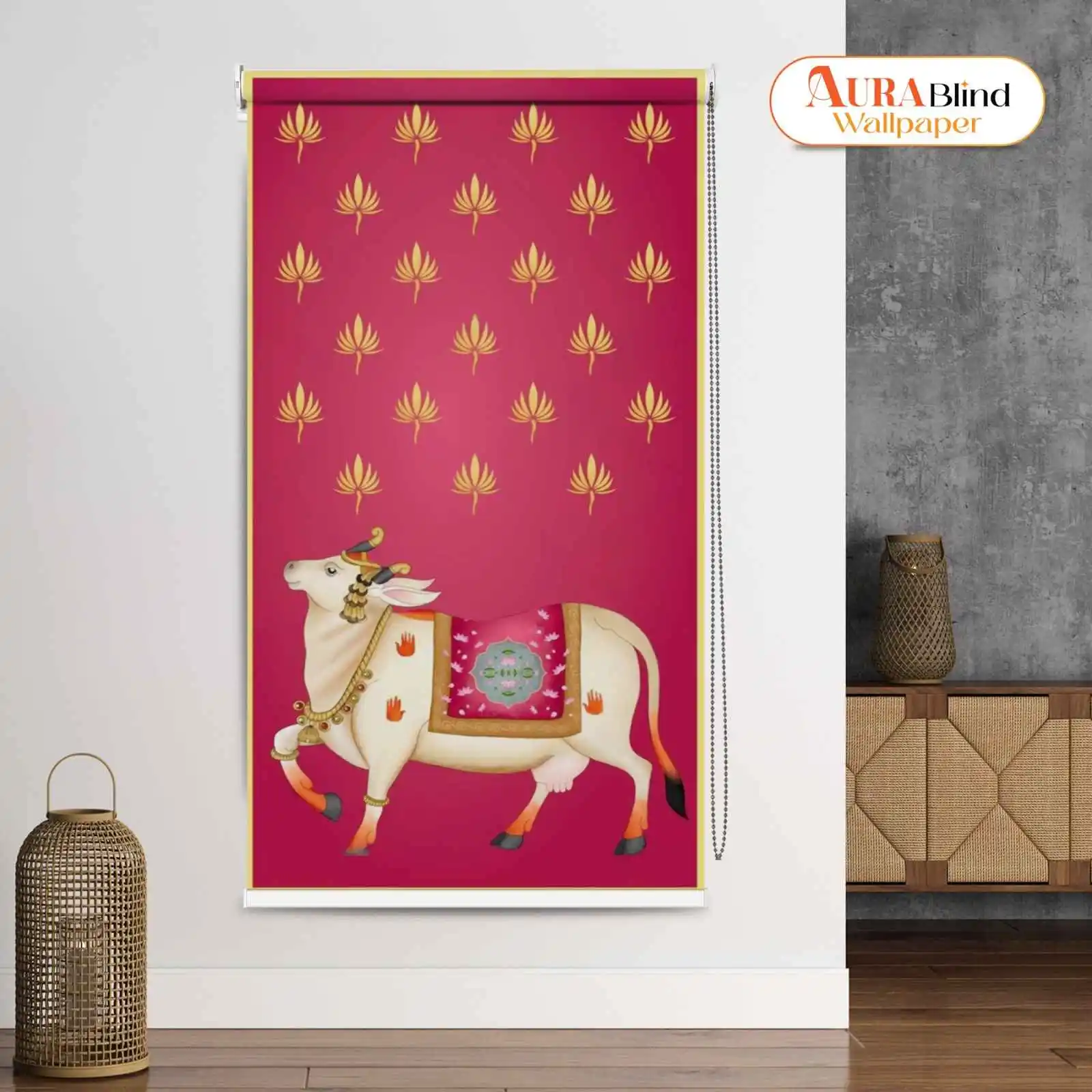 Pink Traditional Indian Cow Pichwai Art Roller Blind for Mandir with gold lotus pattern