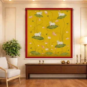 Traditional Yellow Floral Cow and Lotus Pichwai Roller Blind