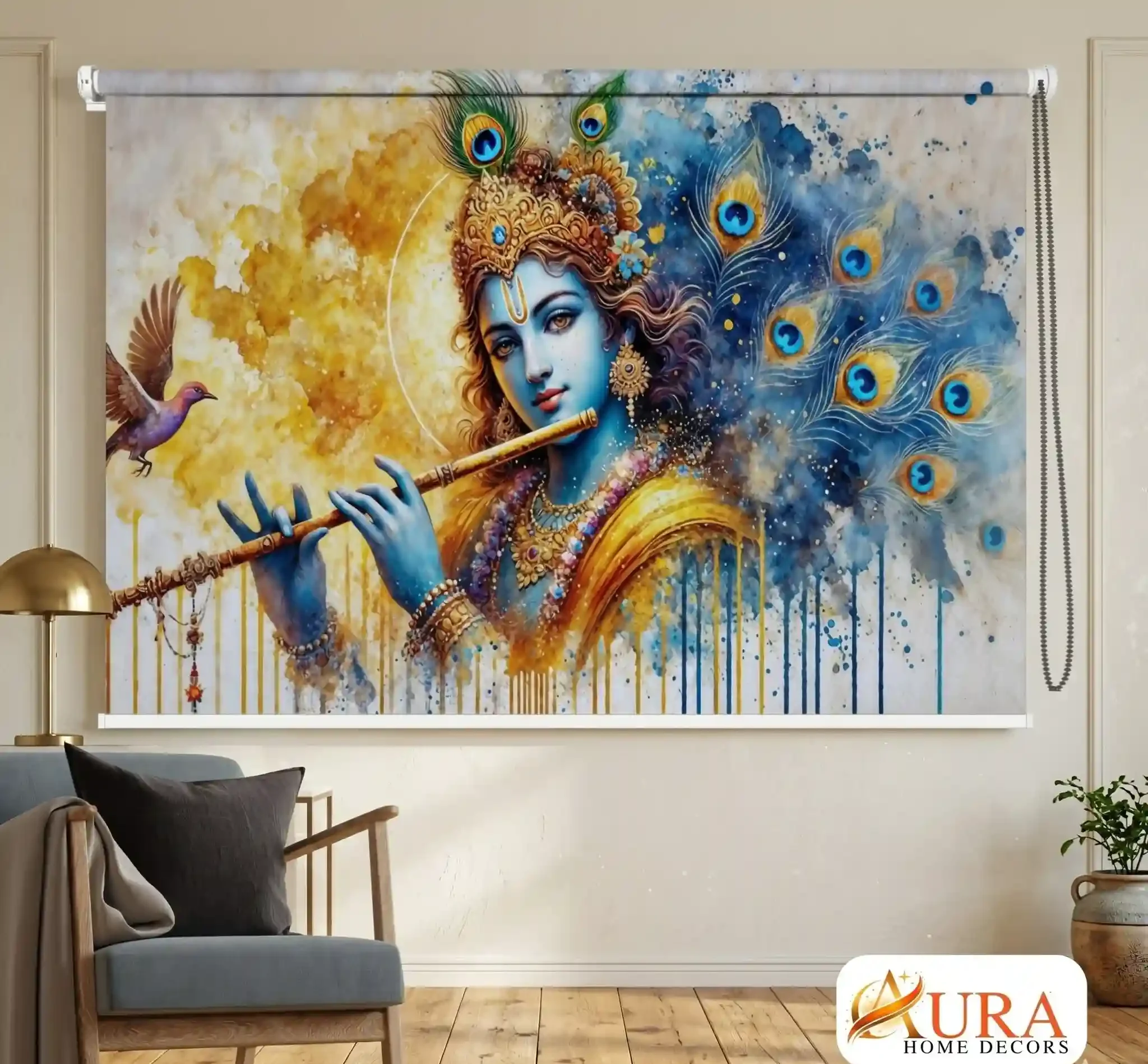 Artistic Lord Krishna Flute Art Roller Blind for Pooja Room 1 Artistic Lord Krishna Flute Art Roller Blind for Pooja Room