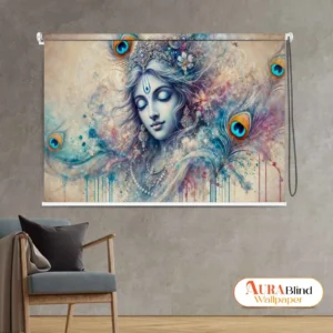 Artistic Lord Krishna Temple Roller Blind with divine Radha portrait artwork, peacock feathers, and watercolor floral design