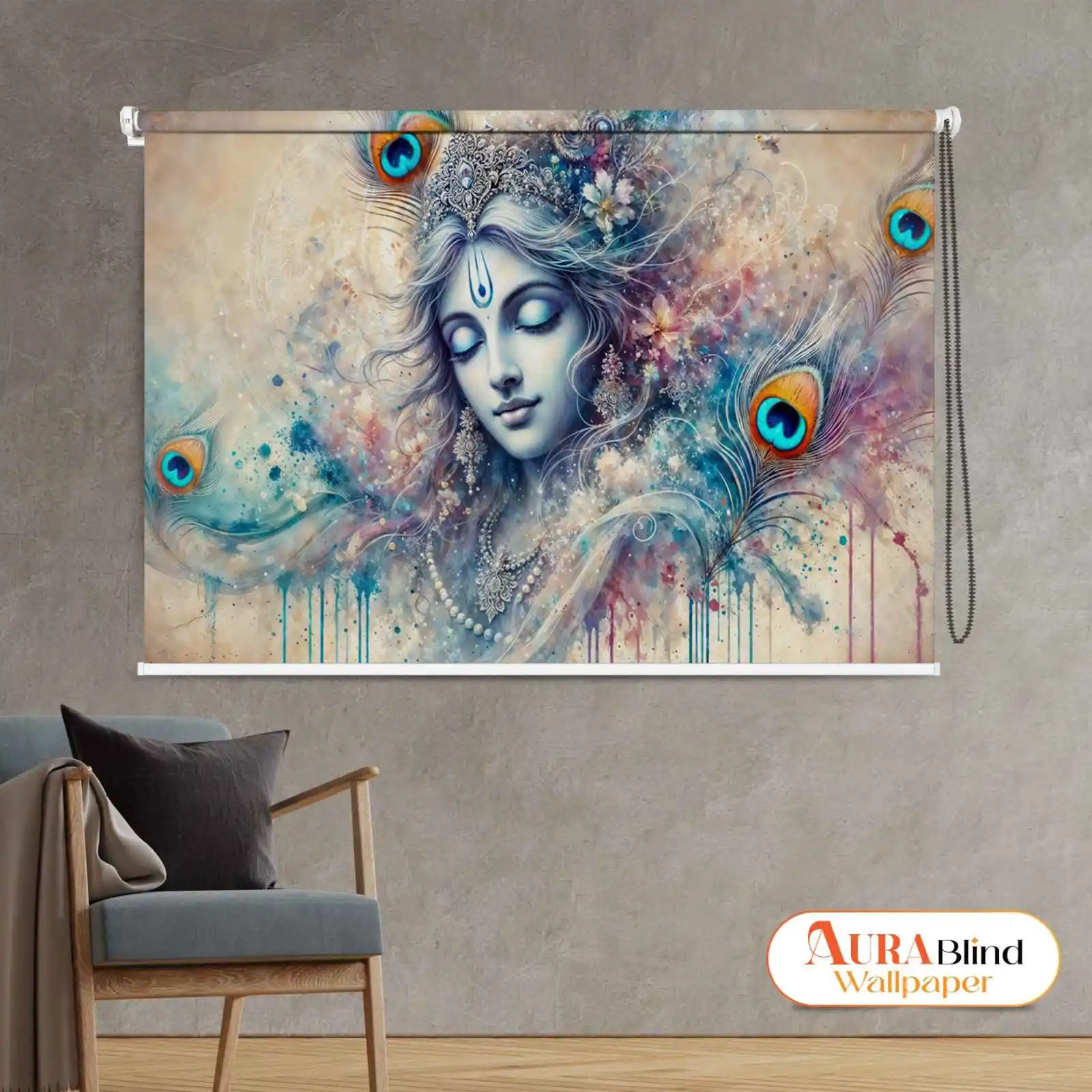 Artistic Lord Krishna Temple Roller Blind with divine Radha portrait artwork, peacock feathers, and watercolor floral design