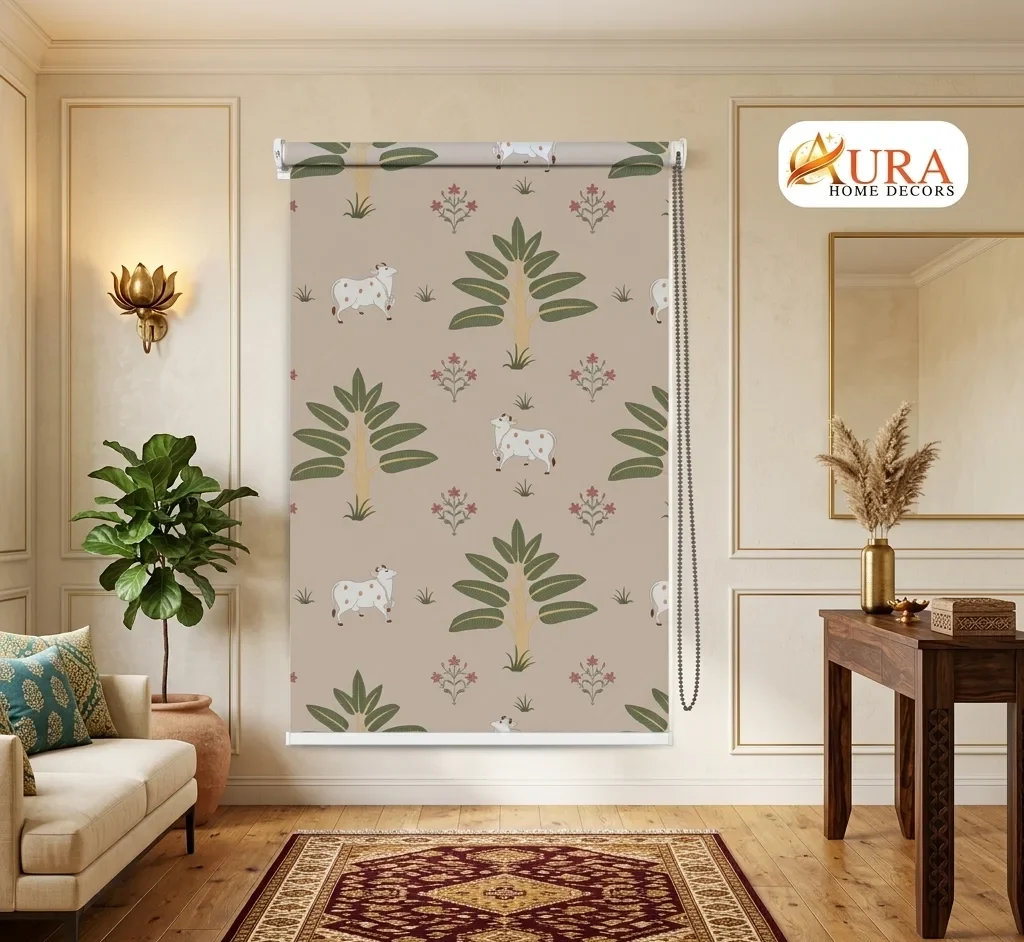 Beige Botanical Pattern Cow and Palm Design Pichwai Roller Blind 1 Beige Botanical Pattern Cow and Palm Design Pichwai Roller Blind